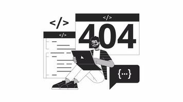 Back end developer black and white error 404 animation. Software programmer error message gif, motion graphic. Computer coder typing on laptop animated character linear 4K video isolated on white