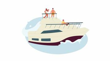 Party auf Yacht Karikatur Animation. Feier segeln 4k Video Bewegung Grafik. Sommer. Menschen Segelboot im Ozean. freunde auf Luxus Yacht 2d Farbe animiert Zeichen isoliert auf Weiß Hintergrund