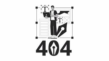 Graphic designer working on laptop black and white error 404 animation. Digital artist typing error message gif, motion graphic. Freelance worker animated character linear 4K video isolated on white