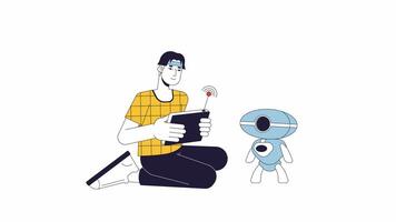 Asian man playing with radio controlled toy line 2D character animation. Robotics engineer testing robotic limbs flat color cartoon 4K video, alpha channel. Asian animated person on white background video