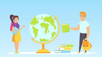 Boy and girl studing book and world map in the library video