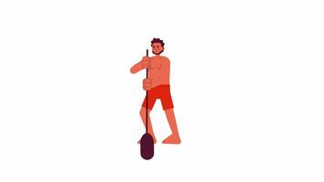 Badebekleidung Mann halten Paddel 2d Charakter Animation. physisch Aktivität. Paddeln eben Karikatur 4k Video, transparent Alpha Kanal. indisch bärtig Kerl Rudern animiert Person auf Weiß Hintergrund video