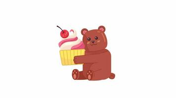 Sweet tooth bear loves dessert 2D character animation. Funny little bear embracing cupcake flat cartoon 4K video, transparent alpha channel. Anime kawaii grizzly animated animal on white background video