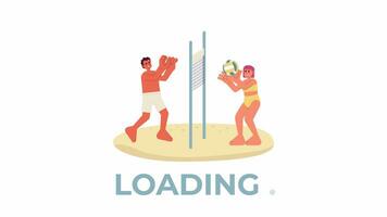 Friends playing volleyball on beach 2D loading animation. People in swimsuits playing with ball over net animated cartoon characters 4K video loader motion graphic. Download, upload progress gif