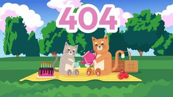 Tea party picnic 404 error animation. Two cats teatime error message gif, motion graphic. Happy kitten pouring tea in cup of friend animated characters cartoon 4K video isolated on white background