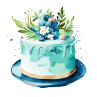 Watercolor hand drawn birthday cake.  AI generative png