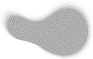 Abstract halftone shape with fluid gradient dots. Liquid stipple grunge stain with gradation. Grainy random shading element. png