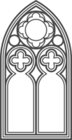 gotik kyrka fönster. arkitektur båge med glas. gammal slott och katedral ram. medeltida färgade interiör design. årgång illustration png