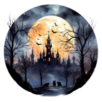 Watercolor Halloween cute cats and haunted house png