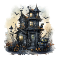 Watercolor Halloween cute cats and haunted house png