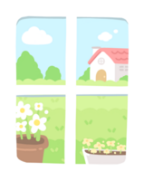 schattig wit venster met een land kant huis bloem visie landschap hand- getrokken illustratie tekenfilm png