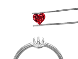 White gold or silver ring without gemstone and Excellent red heart cut diamonds held by tweezers, transparent background png