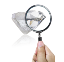 An expert examines through a magnifying glass. Searching For Value, diamond. transparent background png