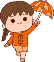 Autumn hand drawn with happy girl wearing Autumn outfit and holding umbrella png