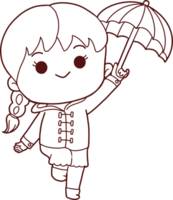 Autumn hand drawn doodle with happy girl wearing Autumn outfit and holding umbrella png