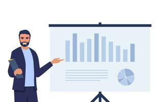 Man speaker pointing at presentation on white board during business seminar. Office worker showing report at whiteboard with pointer. Vector illustration.