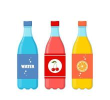 Bottles of different fizzy drinks. Soda, water, juice in plastic bottles, beverages with different flavors isolated on white background. Vector illustration.