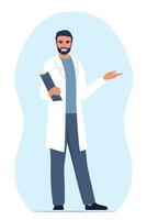 Doctor in medical uniform pointing and showing something with hand. Medicine worker man explaining and presenting something. Vector flat illustration.