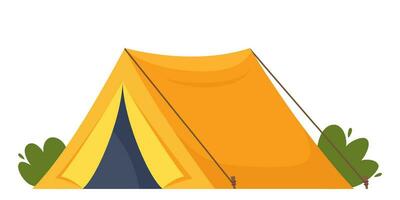 Yellow travel tent for summer camp adventure. Outdoor equipment for sport and tourist activities. Vector illustration.