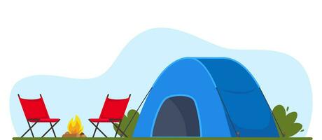 Blue tent, campfire and chairs. Banner, poster for Climbing, hiking, trakking sport, adventure tourism, travel, backpacking. Vector illustration.