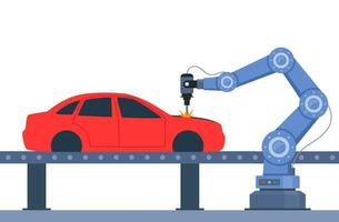 Process of automated car production. Wehicle parts on the machinery line with robotic hands. Assembly line at an automobile factory. Vector illustration.