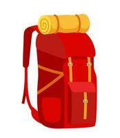 Colorful backpack for traveling, hiking, camping. Tourist retro back pack. Classic styled hiking backpack with sleeping bag. Camp and hike bag. Vector illustration.