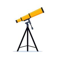 Optical device to explore, discover galaxy, cosmos, space. Telescope on tripod. Modern portable three legged telescope, astronomer equipment. Vector illustration.