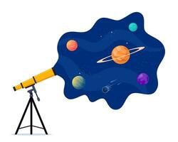 astronómico telescopio mira dentro espacio. espacio. planetas, estrellas y cometas mediante un telescopio. vector plano ilustración.