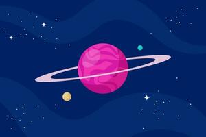 Planet globe with ring in outer space. Alien world with cosmic sphere and stars in cosmos. Astronomical celestial object in black night sky. Vector illustration.