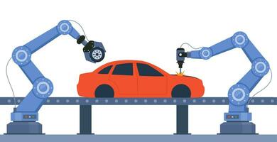 Process of automated car production. Wehicle parts on the machinery line with robotic hands. Assembly line at an automobile factory. Vector illustration.