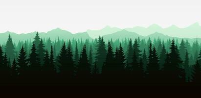 A beautiful vector illustration of a misty forest landscape with coniferous trees in silhouette. The evergreen trees, mountains, and natural environment perfect for backgrounds of nature, wildlife