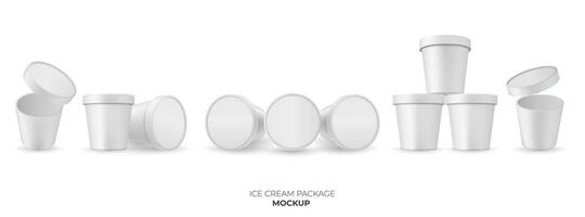 A blank white yogurt or ice cream container with a clear plastic lid set. The clean and glossy design is perfect for packaging mockups and product templates. vector