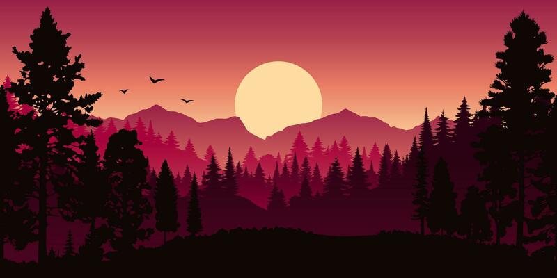 Vector red horizontal landscape with fog, forest, spruce, fir, and sunset. Autumn Illustration of panoramic view silhouette, mist and orange mountains. Fall season trees.