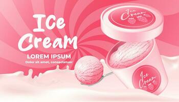 3D mockup of a pink ice cream in a bucket with a raised lid. Includes a spoon with a raspberry flavored ice cream ball. Perfect banner for promoting sweet food with a liquid background. vector