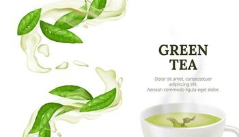 Vector illustration of a hot cup of green tea with a fresh leaf. Healthy and aromatic beverage concept with natural and organic elements on a white background. Liquid splashing water flow.