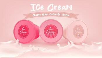 Realistic vector cream container mockup. Pink frozen yogurt in 3D jar. Food packaging design with branding. Delicious dairy dessert