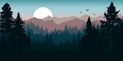 Forest landscape with blue and pink hues and a mountain range in the background. The trees and mountains are in silhouette against a foggy horizon. Backgrounds, banners, travel and adventure designs vector