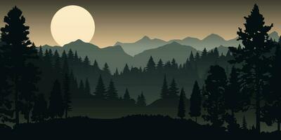 Vector illustration of a majestic mountain range with trees in silhouette against a sunset or sunrise sky. Scenery of adventure theme make it perfect for travel and tourism designs, hiking, camping