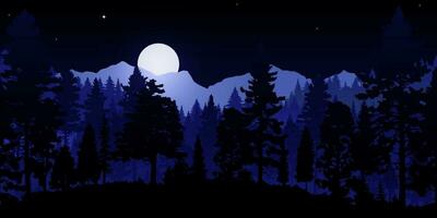 Vector illustration of a beautiful night forest landscape with silhouetted trees, dark skies, stars and a glowing moon. Perfect for wallpapers and designs.