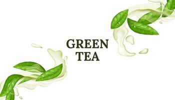 Promotion banner of Refreshing green tea leaf in 3D liquid motion. Vector illustration of transparent splash with mint aroma. Organic herbal beverage concept