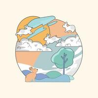 illustrations of clouds and sky and trees and there are cute bunny animals vector