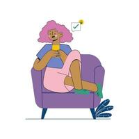 niña sentado en un silla chateando vía célula teléfono. descanso a hogar. hogar vida vector ilustración