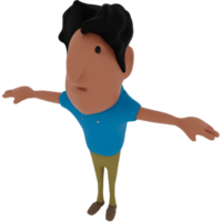 Men character in cartoon style 3D rendering wearing casual blue shirt, beige denim, and leather shoes. png