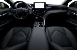 binnen moden auto achtergrond, luxe auto interieur elementen behang. zwart leer auto interieur met transparant buiten achtergrond, PNG illustratie