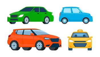 Car vehicles side view. Taxi, mini car, suv. City auto transport icons. Automobile design vector set. City transportation objects isolated on white.