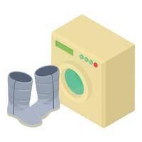 Machine wash icon isometric vector. Grey puffy boots near washing machine icon vector