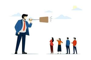 Effective communication, clear and concise message, leadership skills to communicate with team, confident giant entrepreneur manager talking to team through megaphone in clear discussion meeting. vector