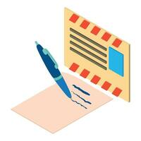 Paper mail icon isometric vector. Pen writing on paper sheet and closed envelope vector