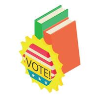 Vote icon isometric vector. Inscription vote on usa flag background and two book vector