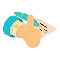 Election program icon isometric vector. Man hand with thumb up and paper and pen vector
